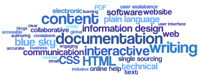 technical writing authoring documentation electronic content online help website web CSS HTML user interface text email blogs software business user assistance information design interactive web mobile PDF elearning plain language